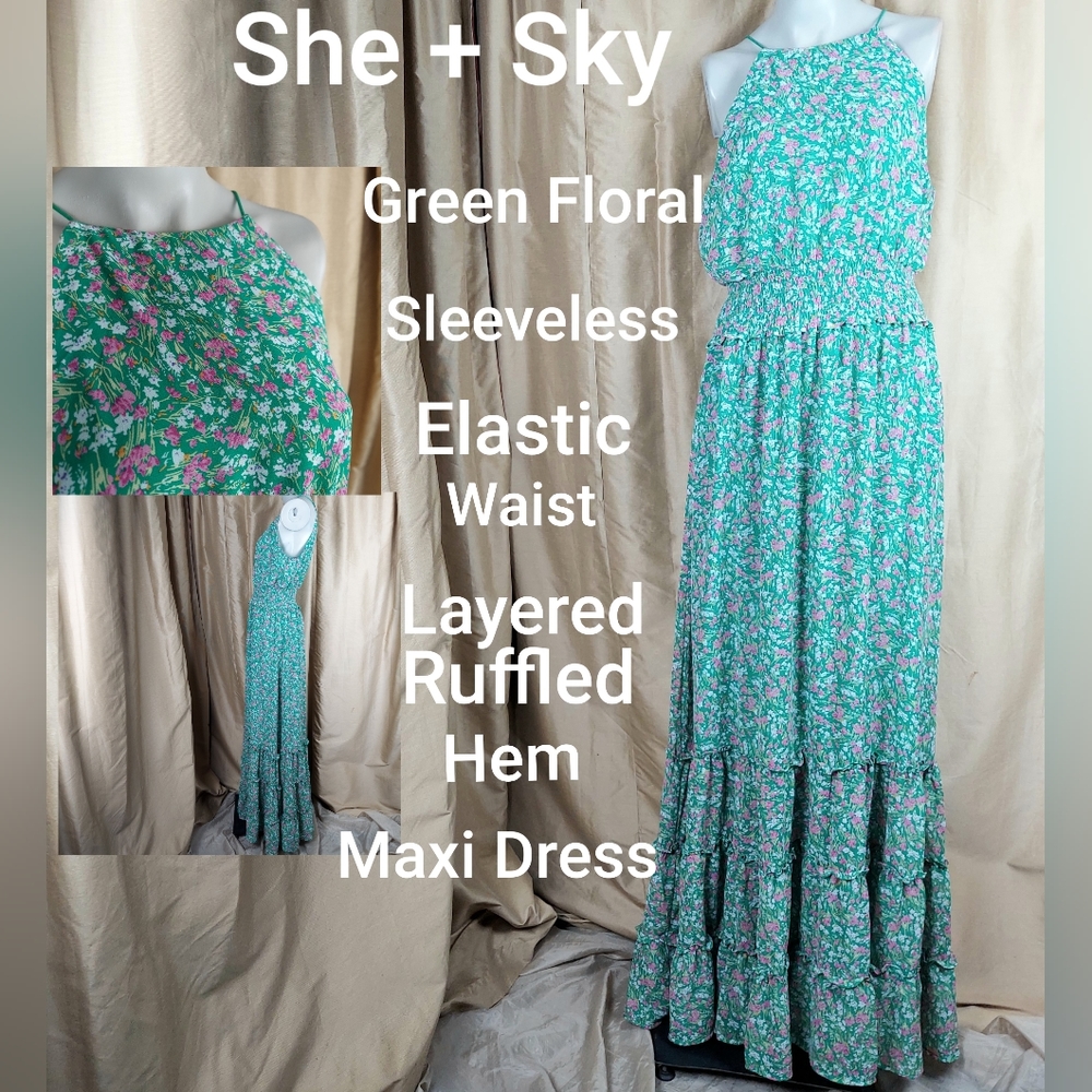 She + Sky green floral print maxi dress size L